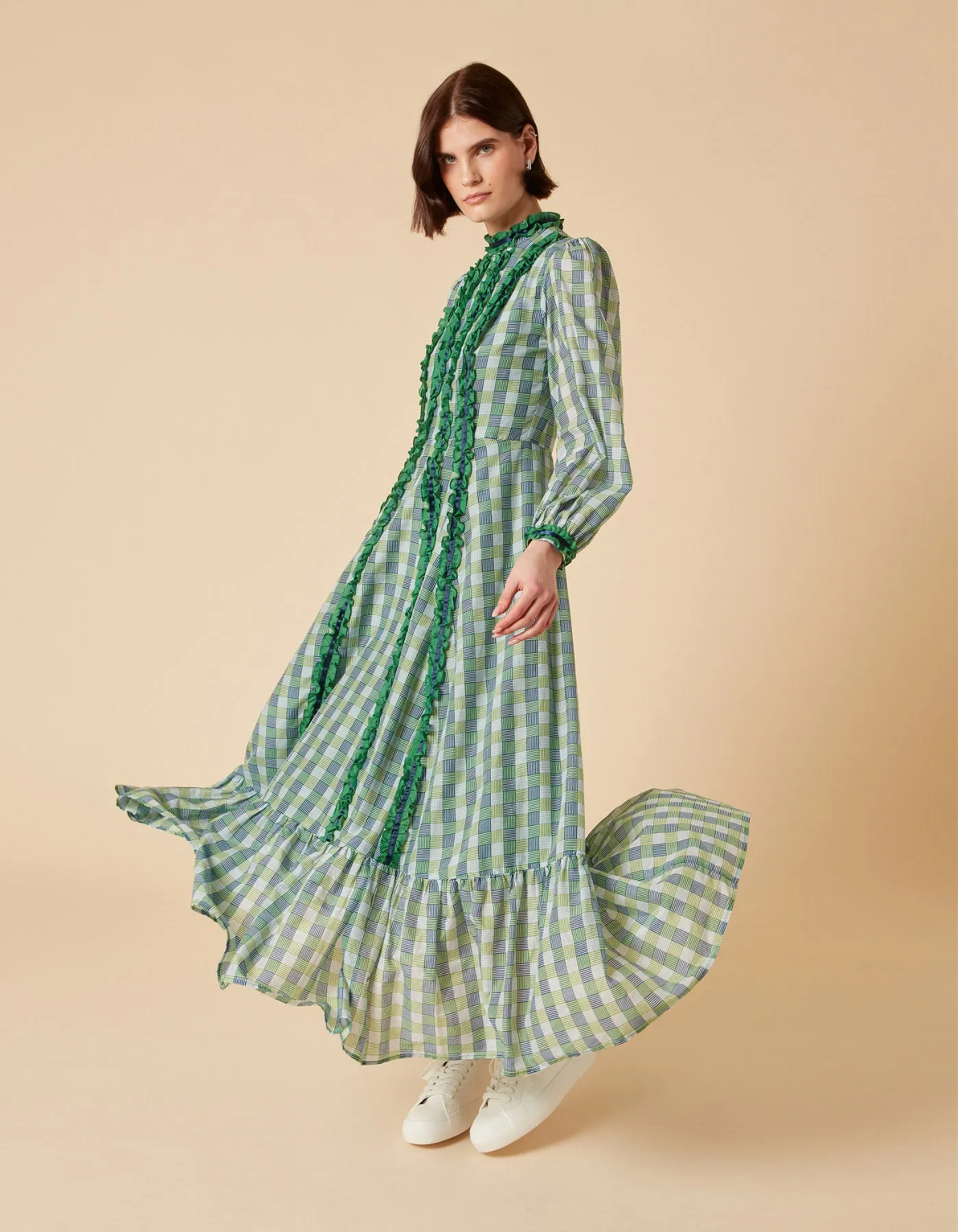 Gigi Blue Green Hopscotch Print Silk Voile Maxi Dress