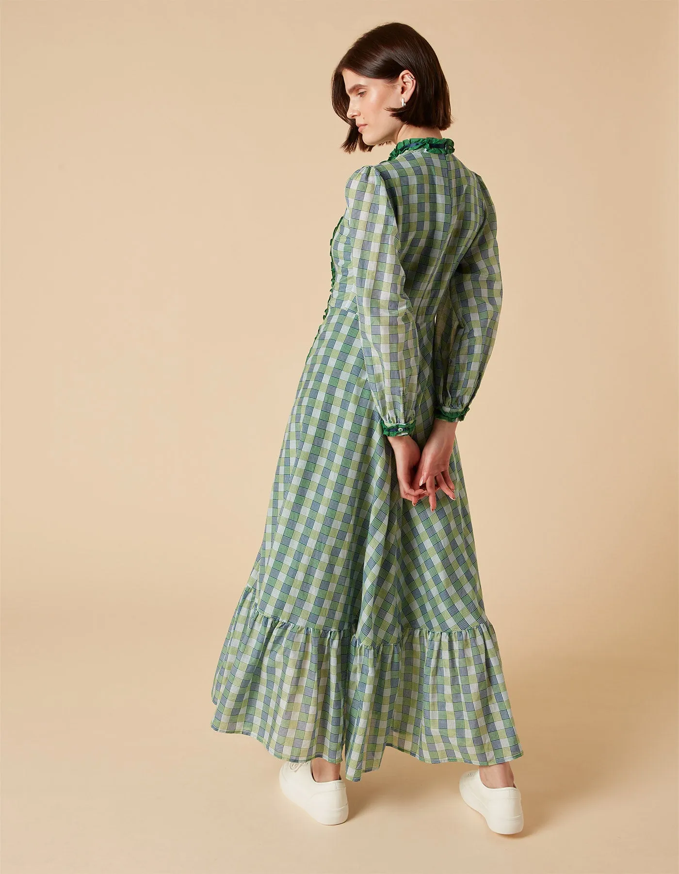 Gigi Blue Green Hopscotch Print Silk Voile Maxi Dress