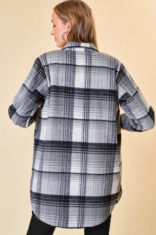 Gray Plaid Sherpa Lined Long Shacket