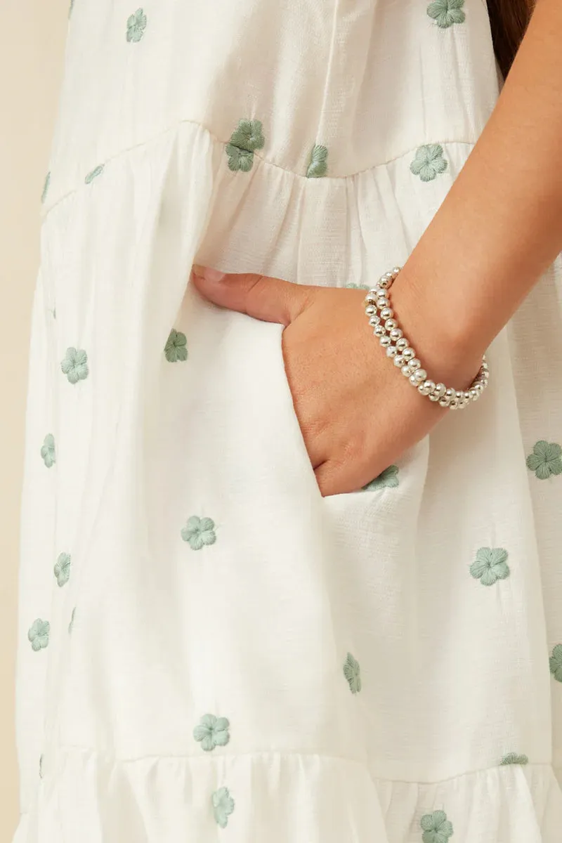 Green and White Embroidered Ruffled Dress