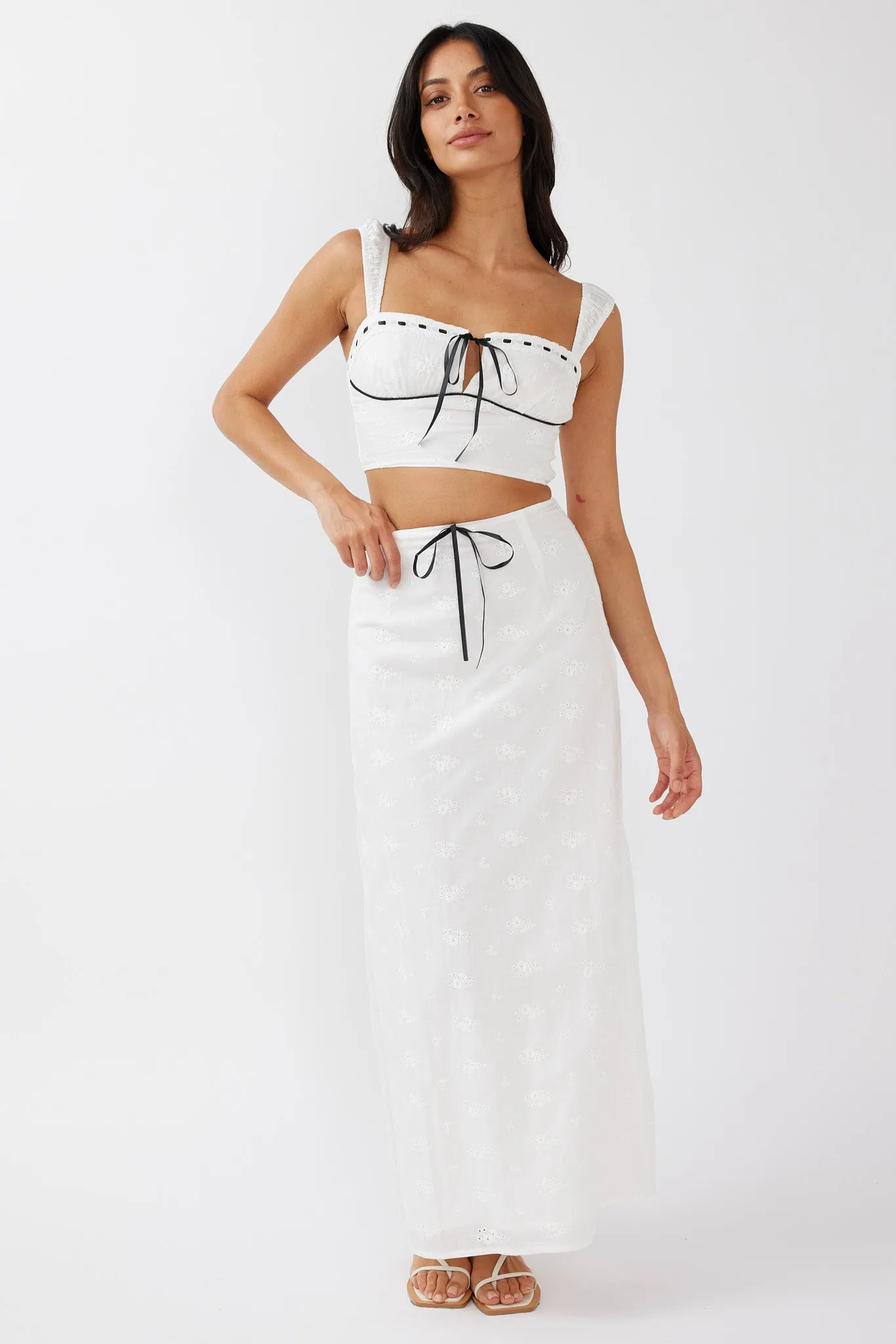 Helga Eyelet Embroidery Bow Maxi Skirt White