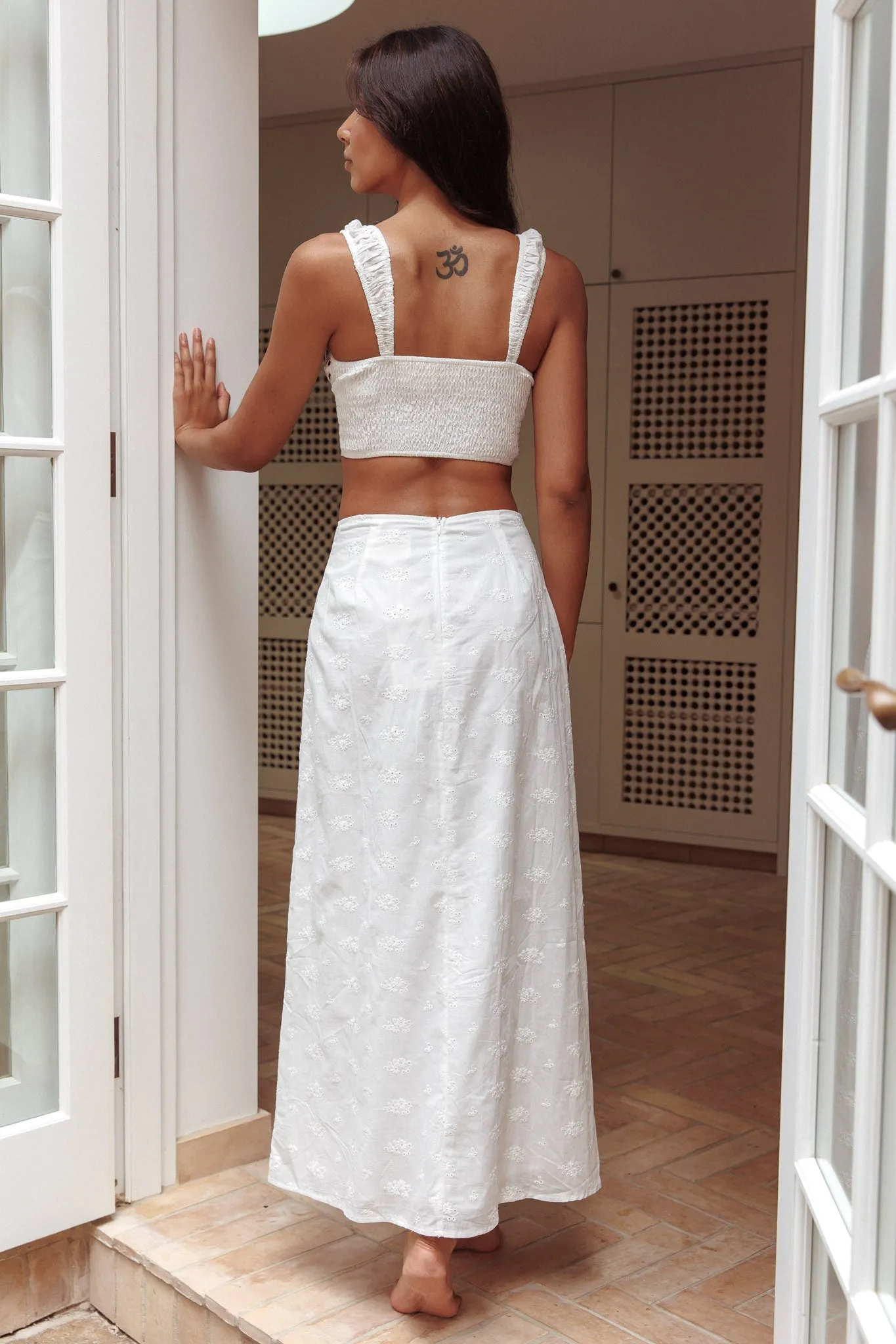 Helga Eyelet Embroidery Bow Maxi Skirt White