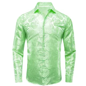 Hi-Tie Apple Green Paisley Silk Men's Long Sleeve Dress Shirt Casual