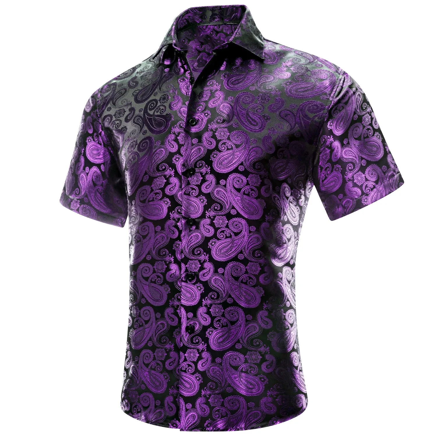 Hi-Tie Deep Purple Paisley Jacquard Black Silk Mens Short Sleeve Shirt