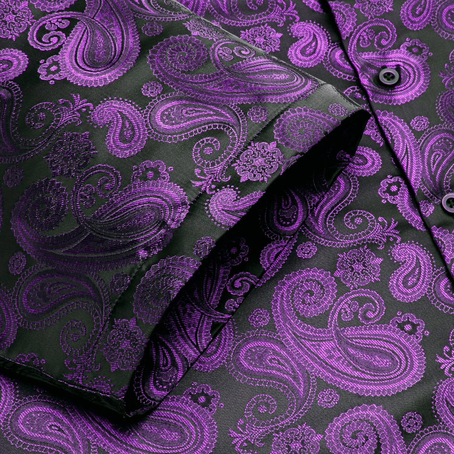 Hi-Tie Deep Purple Paisley Jacquard Black Silk Mens Short Sleeve Shirt