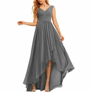 High Low Bridesmaid Dresses Long Ruched Chiffon V Neck Formal Evening Party Dress with Pockets