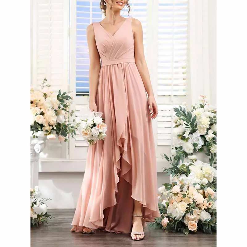 High Low Bridesmaid Dresses Long Ruched Chiffon V Neck Formal Evening Party Dress with Pockets