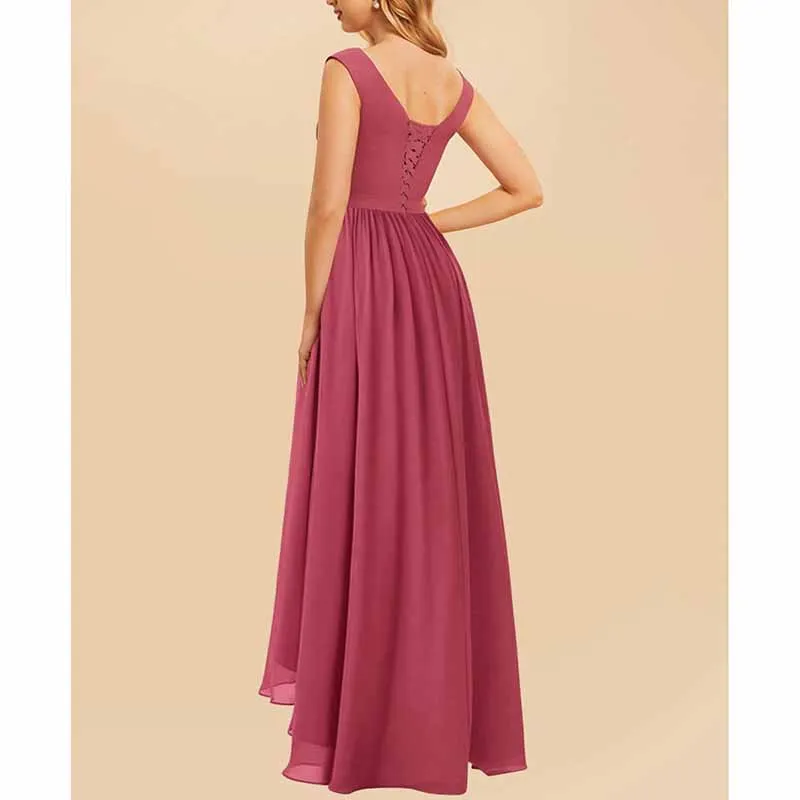 High Low Bridesmaid Dresses Long Ruched Chiffon V Neck Formal Evening Party Dress with Pockets