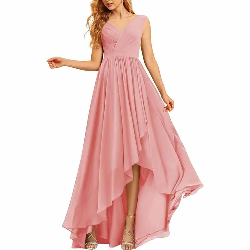 High Low Bridesmaid Dresses Long Ruched Chiffon V Neck Formal Evening Party Dress with Pockets