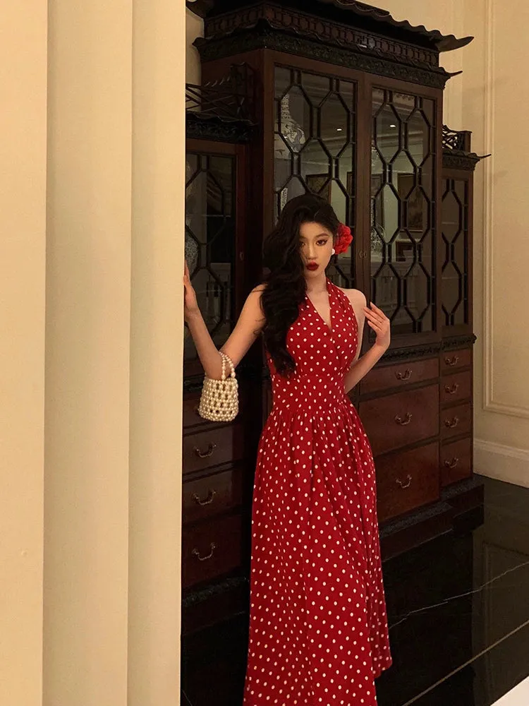 Hong Kong style halter neck polka dot dress new retro long dress party dress     S5540