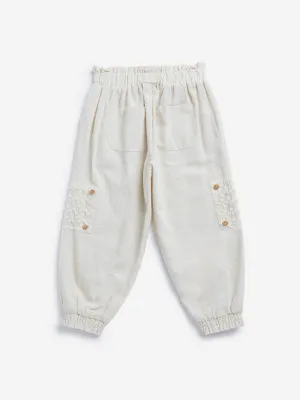 HOP Kids Beige Floral Embroidered Joggers