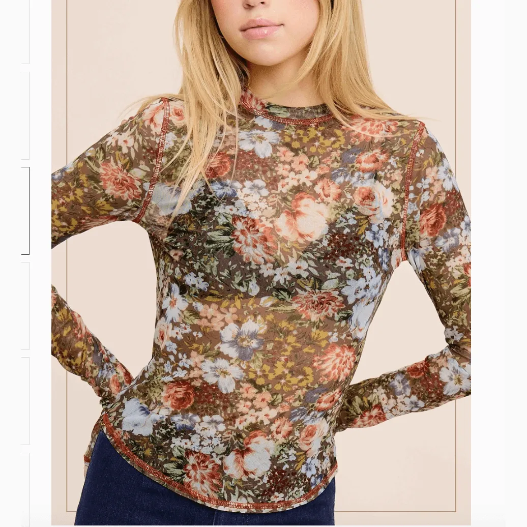 Jolene Floral Semi Sheer Long Sleeve Mesh Top