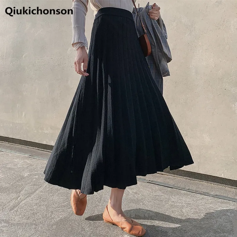 Joskaa Christmas Gift Long Knit Skirt Women Autumn Winter Thick High Waist A-Line Pleated Skirts Black Ladies Wide-Swing Midi Skirt jupe plissee femme