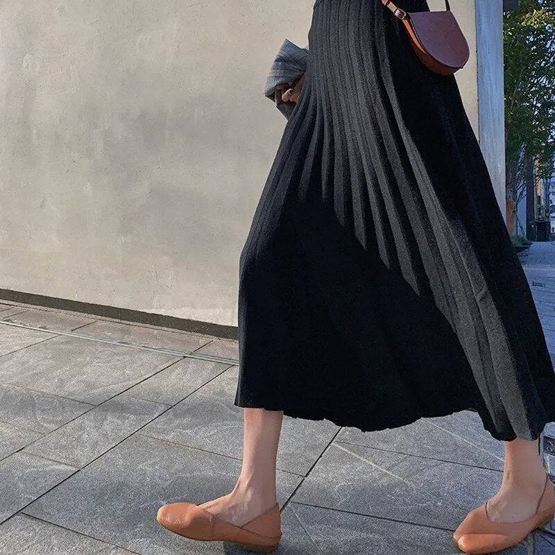 Joskaa Christmas Gift Long Knit Skirt Women Autumn Winter Thick High Waist A-Line Pleated Skirts Black Ladies Wide-Swing Midi Skirt jupe plissee femme