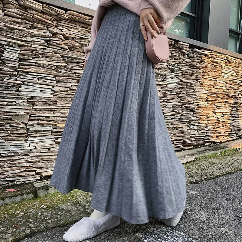 Joskaa Christmas Gift Long Knit Skirt Women Autumn Winter Thick High Waist A-Line Pleated Skirts Black Ladies Wide-Swing Midi Skirt jupe plissee femme