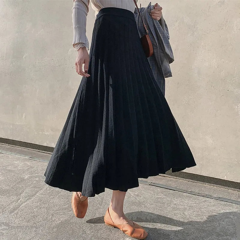 Joskaa Christmas Gift Long Knit Skirt Women Autumn Winter Thick High Waist A-Line Pleated Skirts Black Ladies Wide-Swing Midi Skirt jupe plissee femme