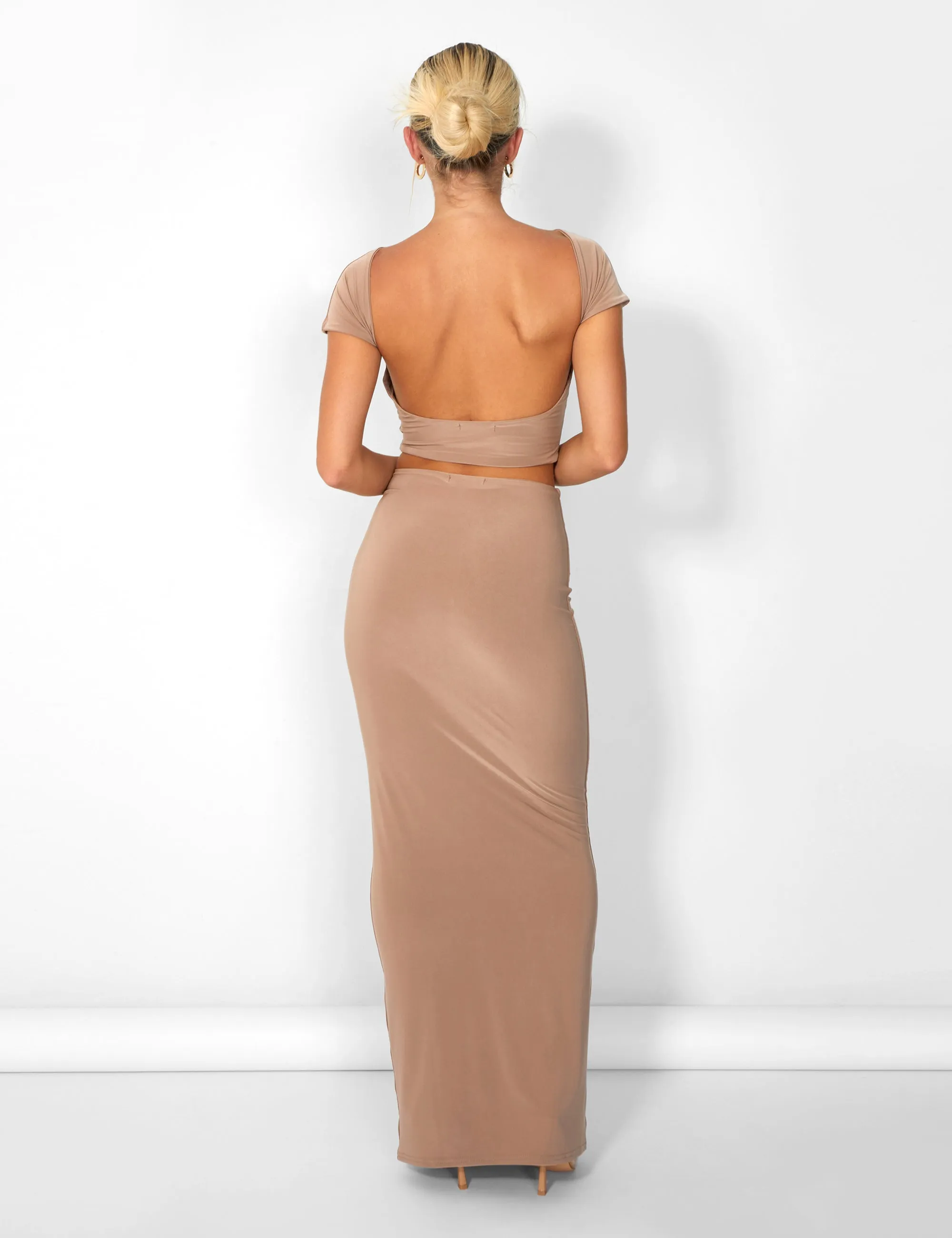 Kaiia Slinky Maxi Skirt Co-ord in Taupe