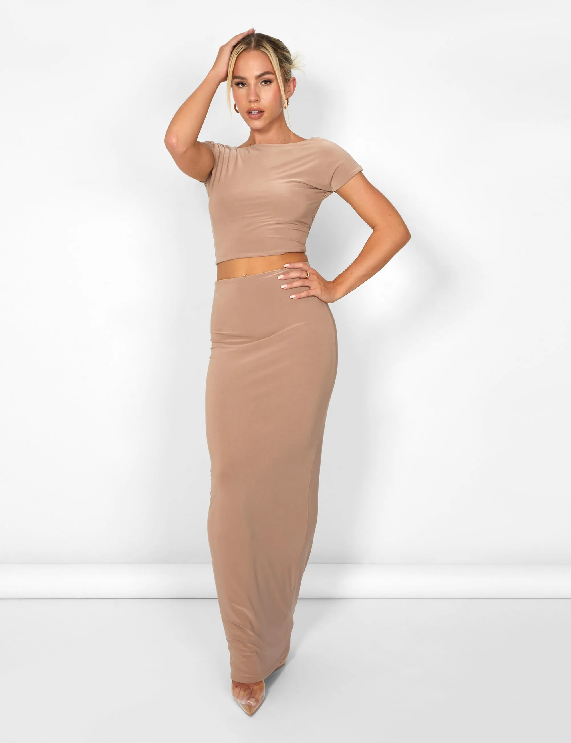 Kaiia Slinky Maxi Skirt Co-ord in Taupe