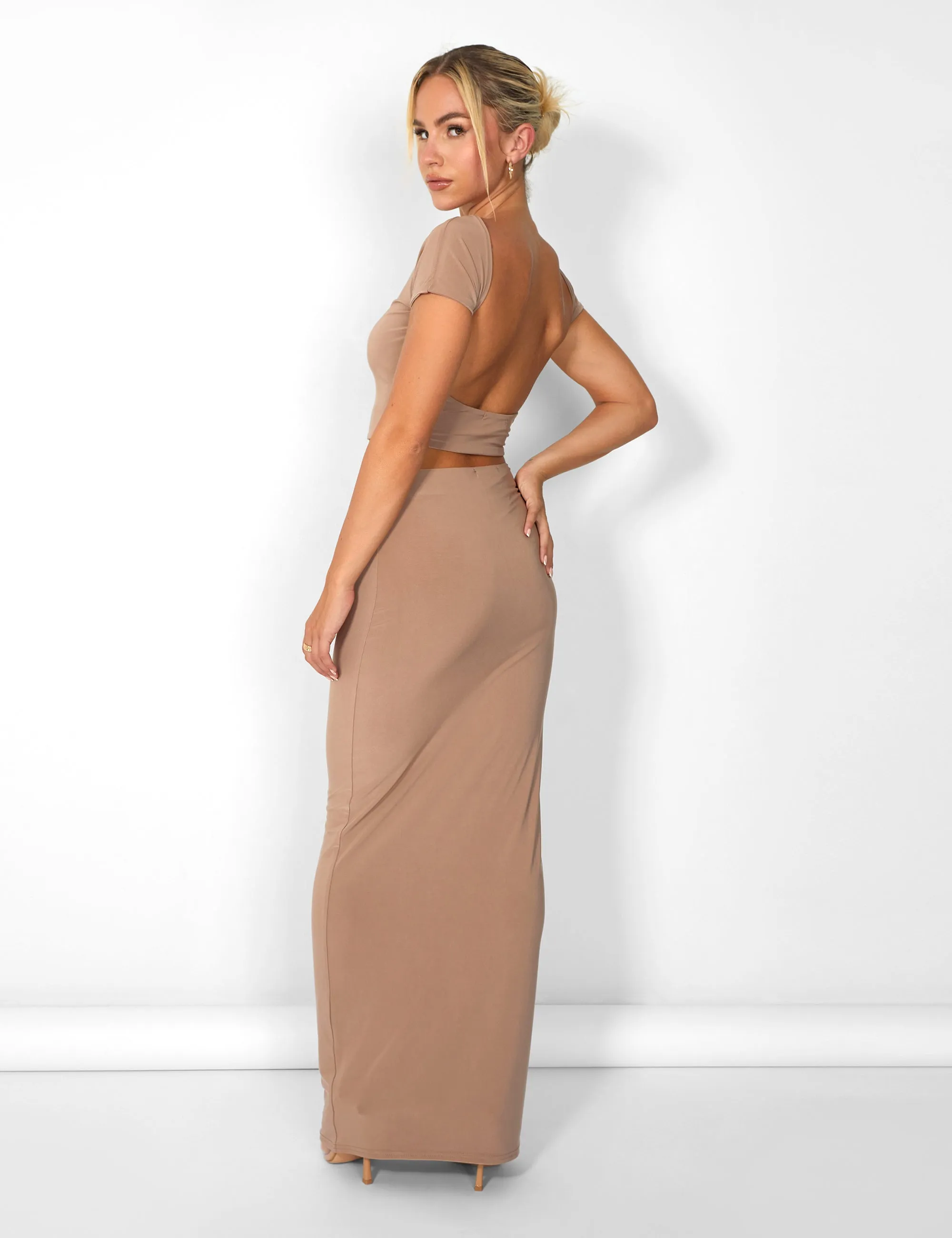 Kaiia Slinky Maxi Skirt Co-ord in Taupe