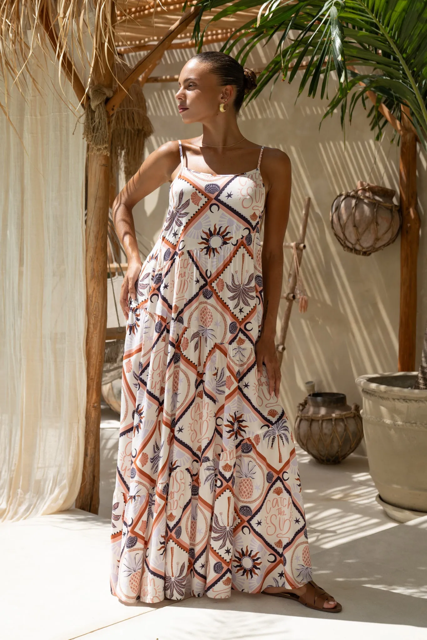 Kalani Brown Abstract Tile Tiered Maxi Dress