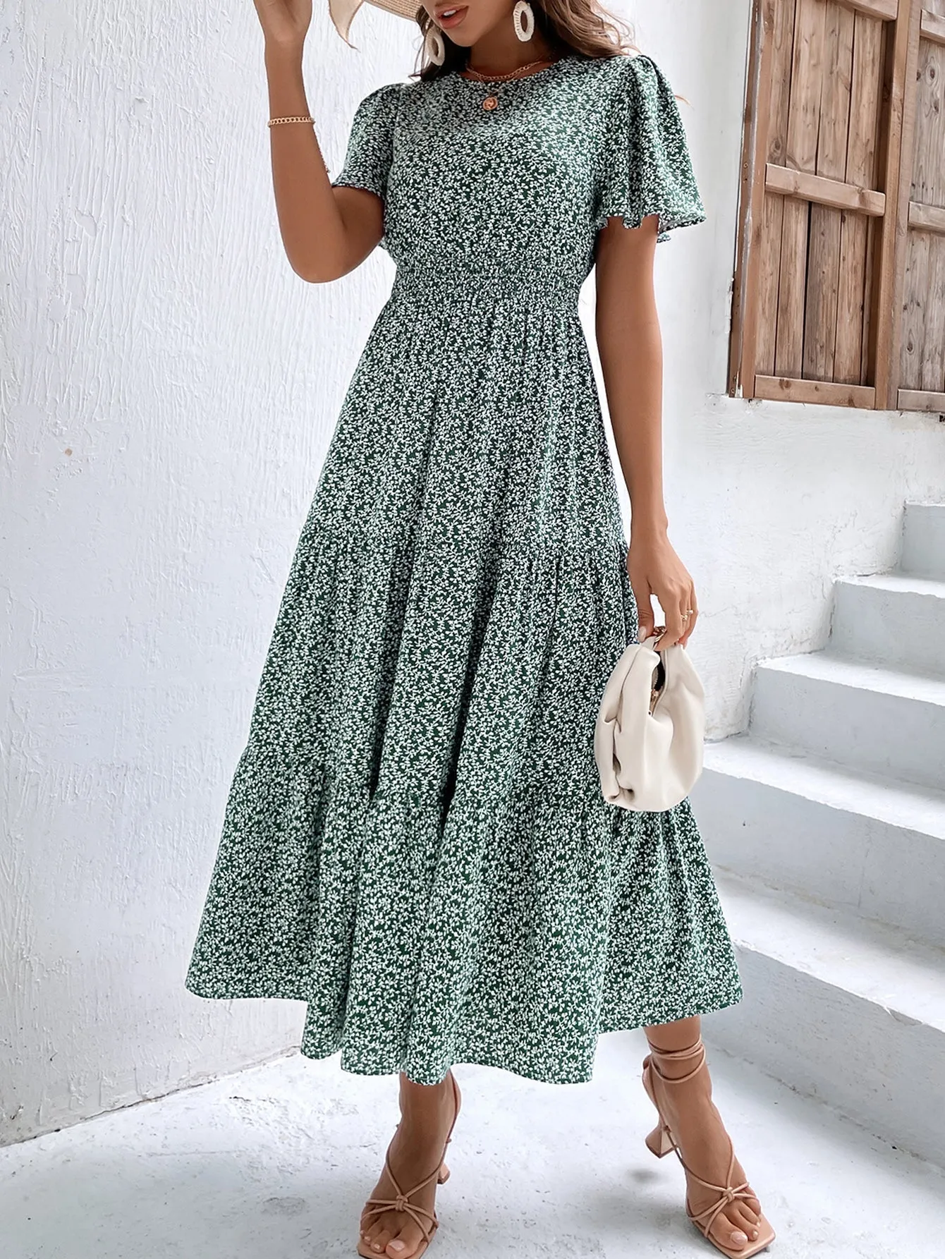 KittenAlarm - Ditsy Floral Print Shirred Waist Ruffle Hem Dress