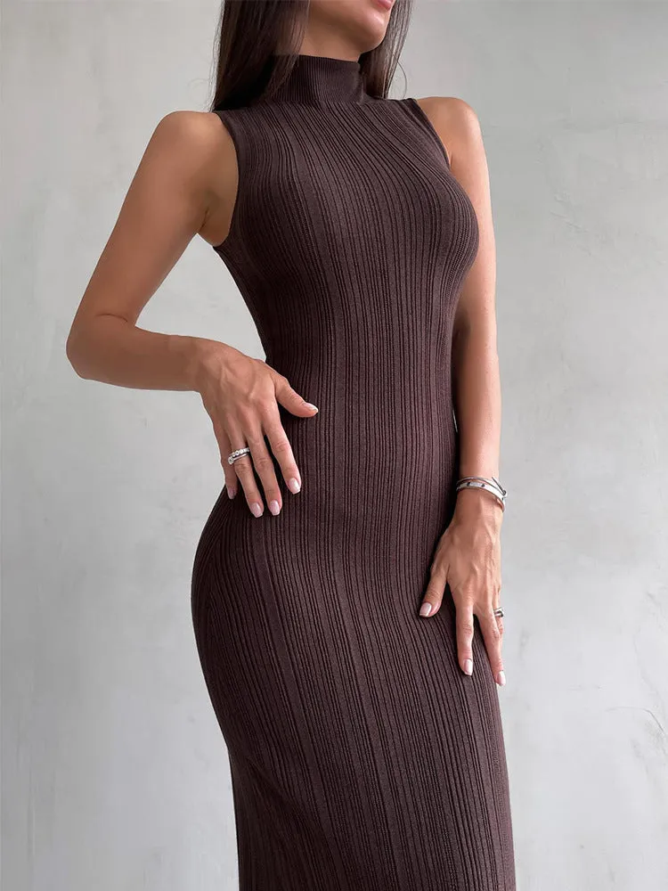 Knitted turtleneck sleeveless slim maxi dress