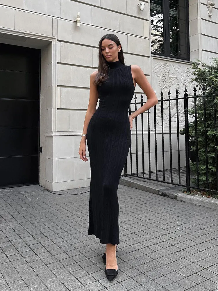 Knitted turtleneck sleeveless slim maxi dress