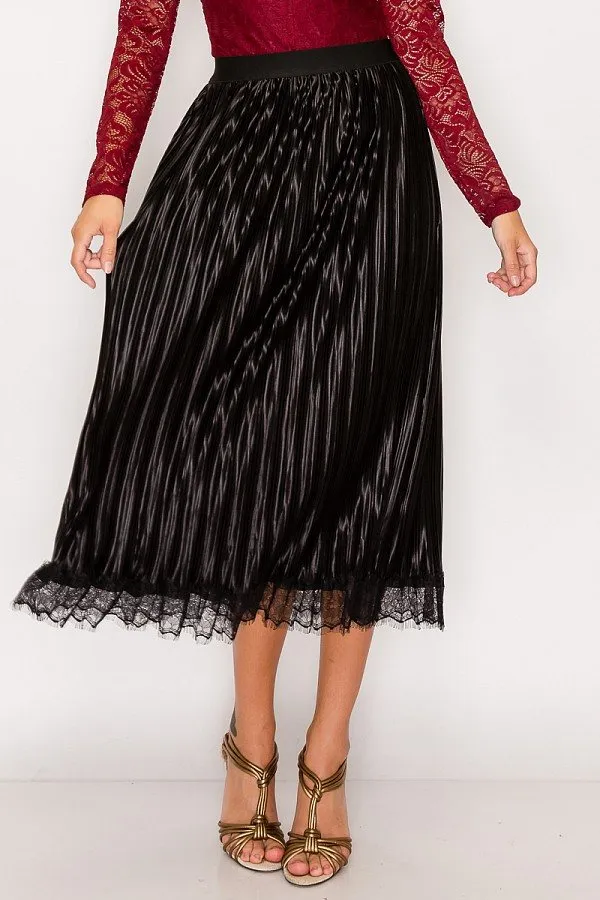 Lace Trim Accordion Pleated Midi Skirt