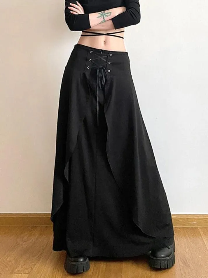 LANFUBEISI - High Waist Cross Tie Up Irregular Hem Maxi Skirt