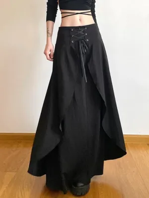 LANFUBEISI - High Waist Cross Tie Up Irregular Hem Maxi Skirt