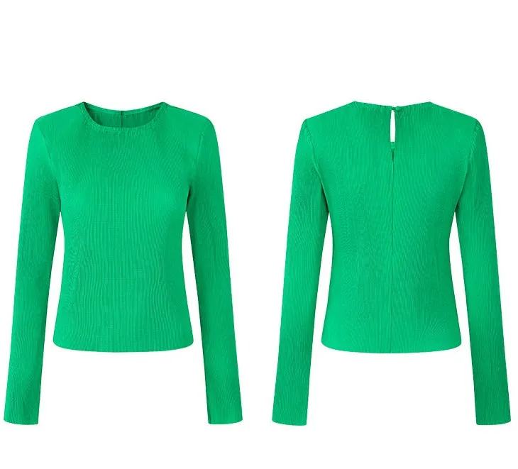 LEDIM W Green flowing crew neck pleated long sleeve top - Charm