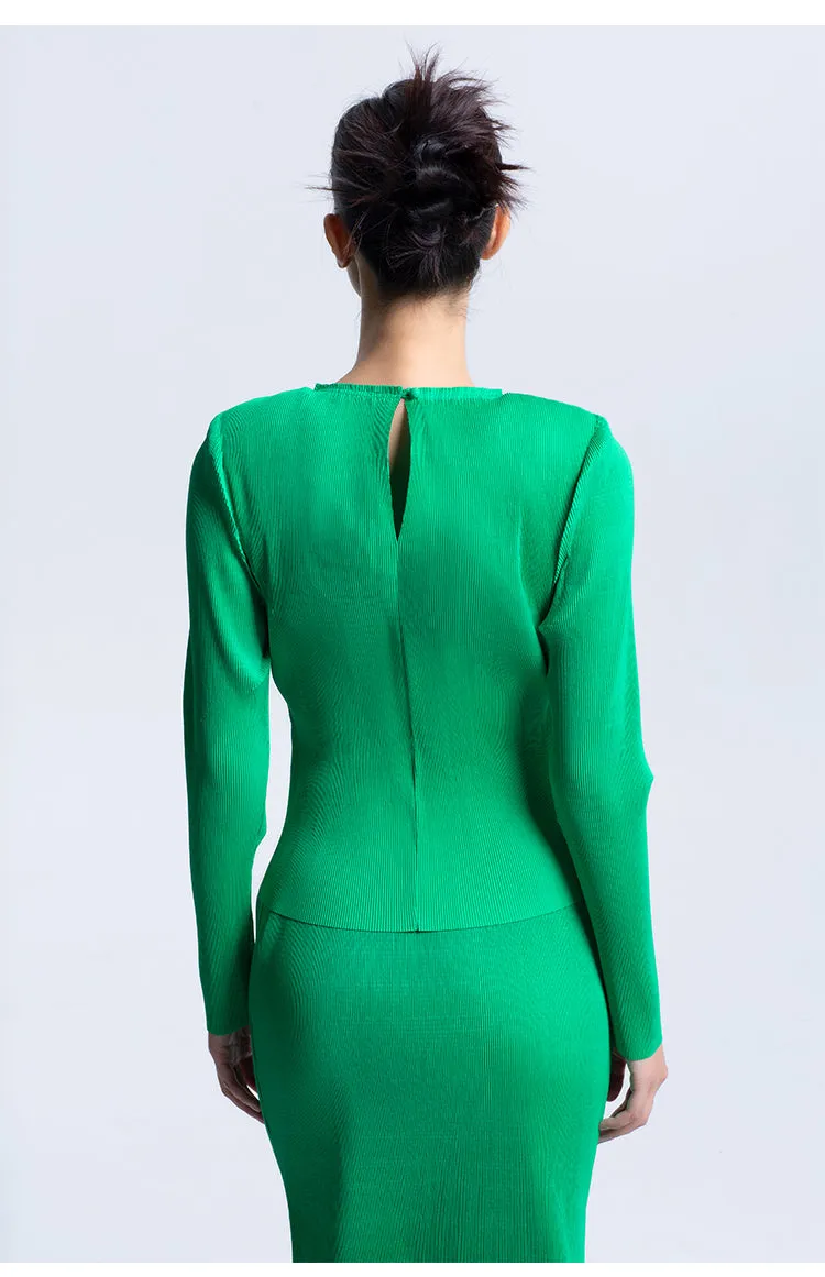 LEDIM W Green flowing crew neck pleated long sleeve top - Charm