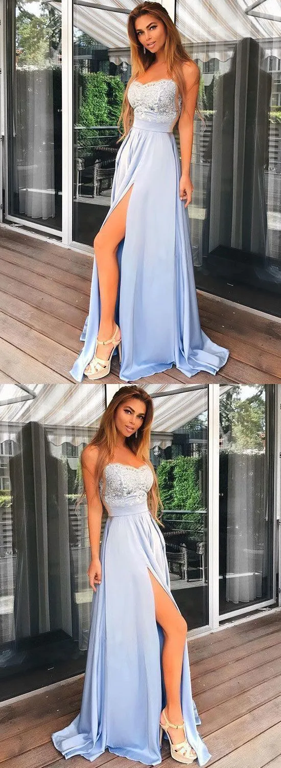 Light Blue Prom Dress Slit Skirt, Evening Dress ,Winter Formal Dress, Pageant Dance Dresses, Graduation School Party Gown, PC0097