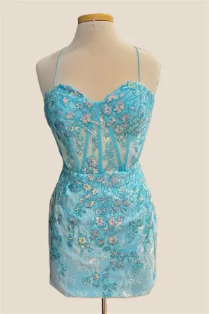 Light Blue Sheer Bodice Short Dress with Sequin