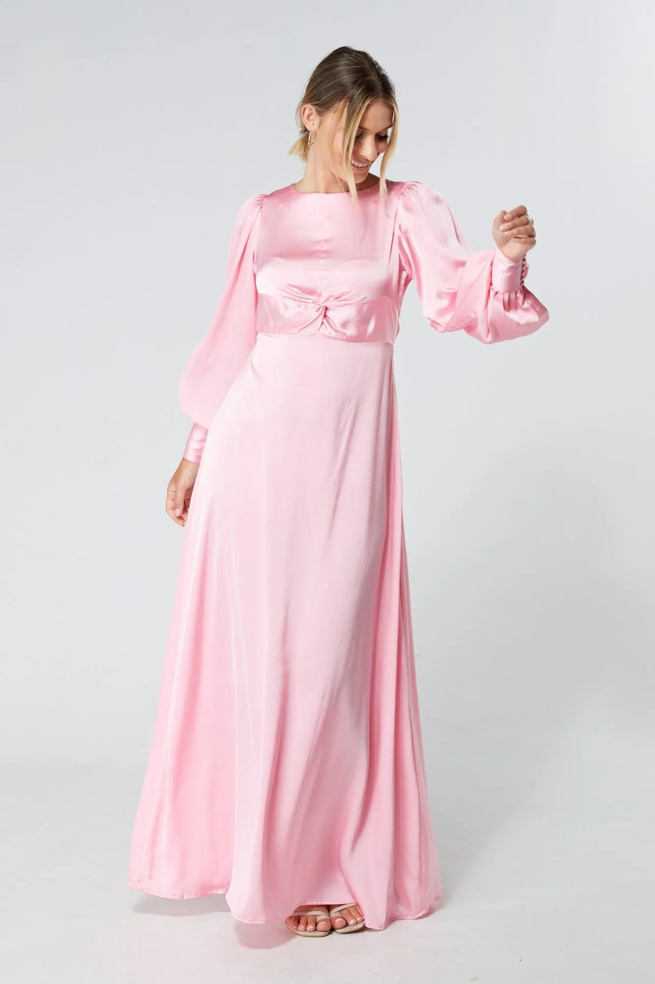 Lila Light Pink Knotted Front Soft Crepe Maxi Dress