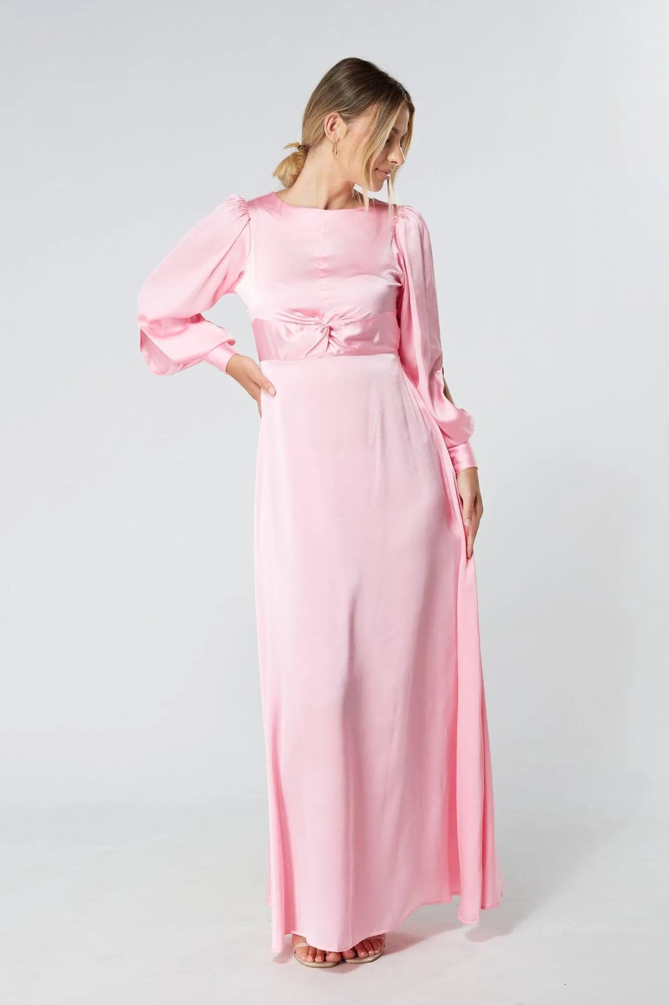 Lila Light Pink Knotted Front Soft Crepe Maxi Dress