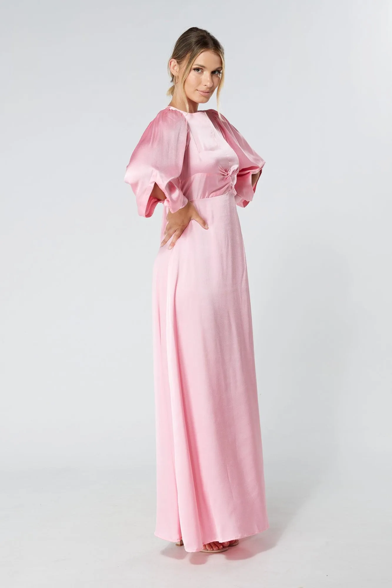 Lila Light Pink Knotted Front Soft Crepe Maxi Dress