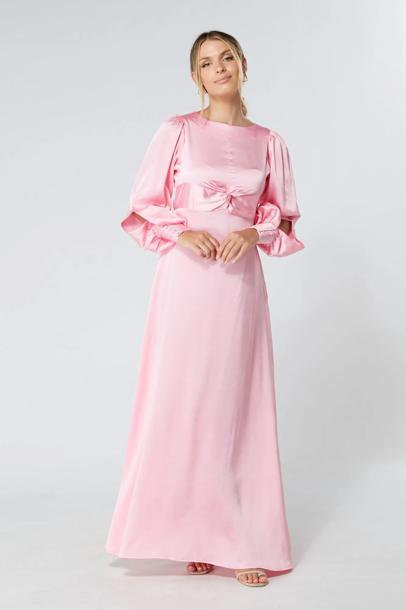 Lila Light Pink Knotted Front Soft Crepe Maxi Dress