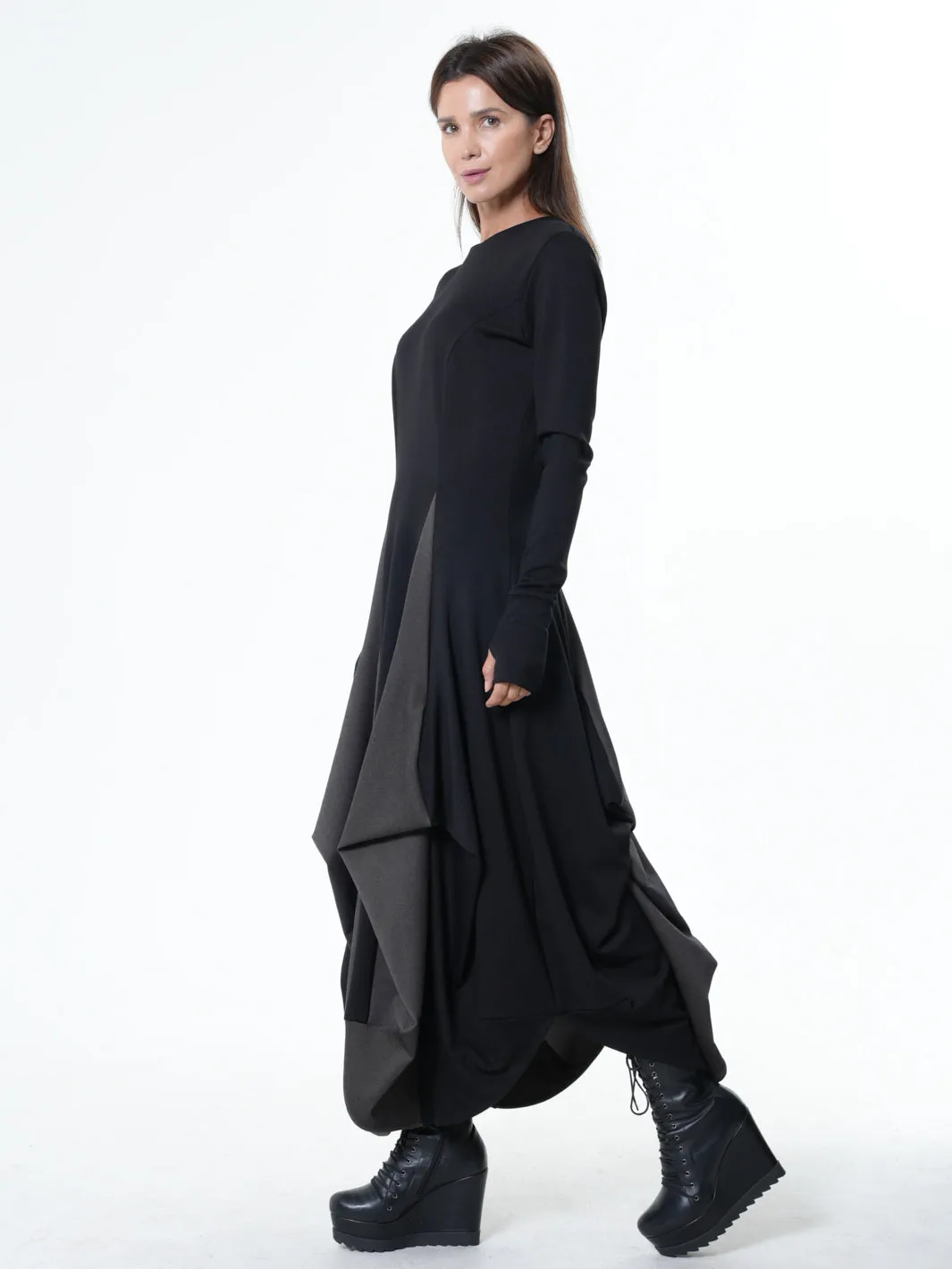 Long Dress With Draping and Thumbhole Sleeves