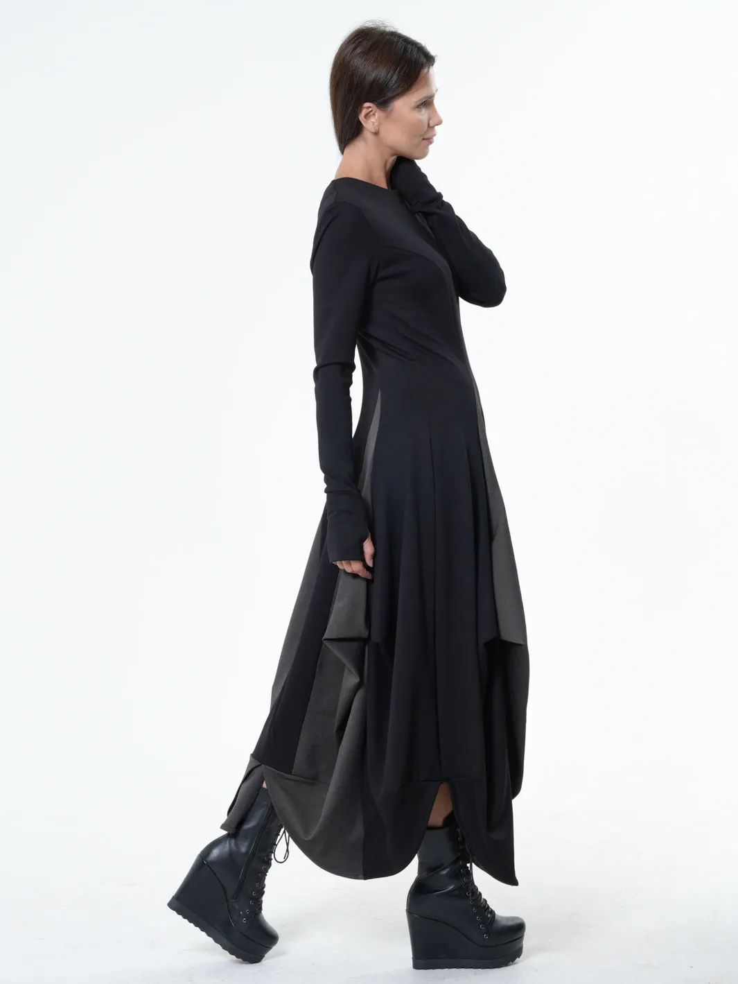 Long Dress With Draping and Thumbhole Sleeves