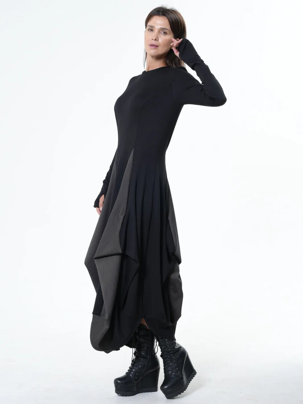 Long Dress With Draping and Thumbhole Sleeves