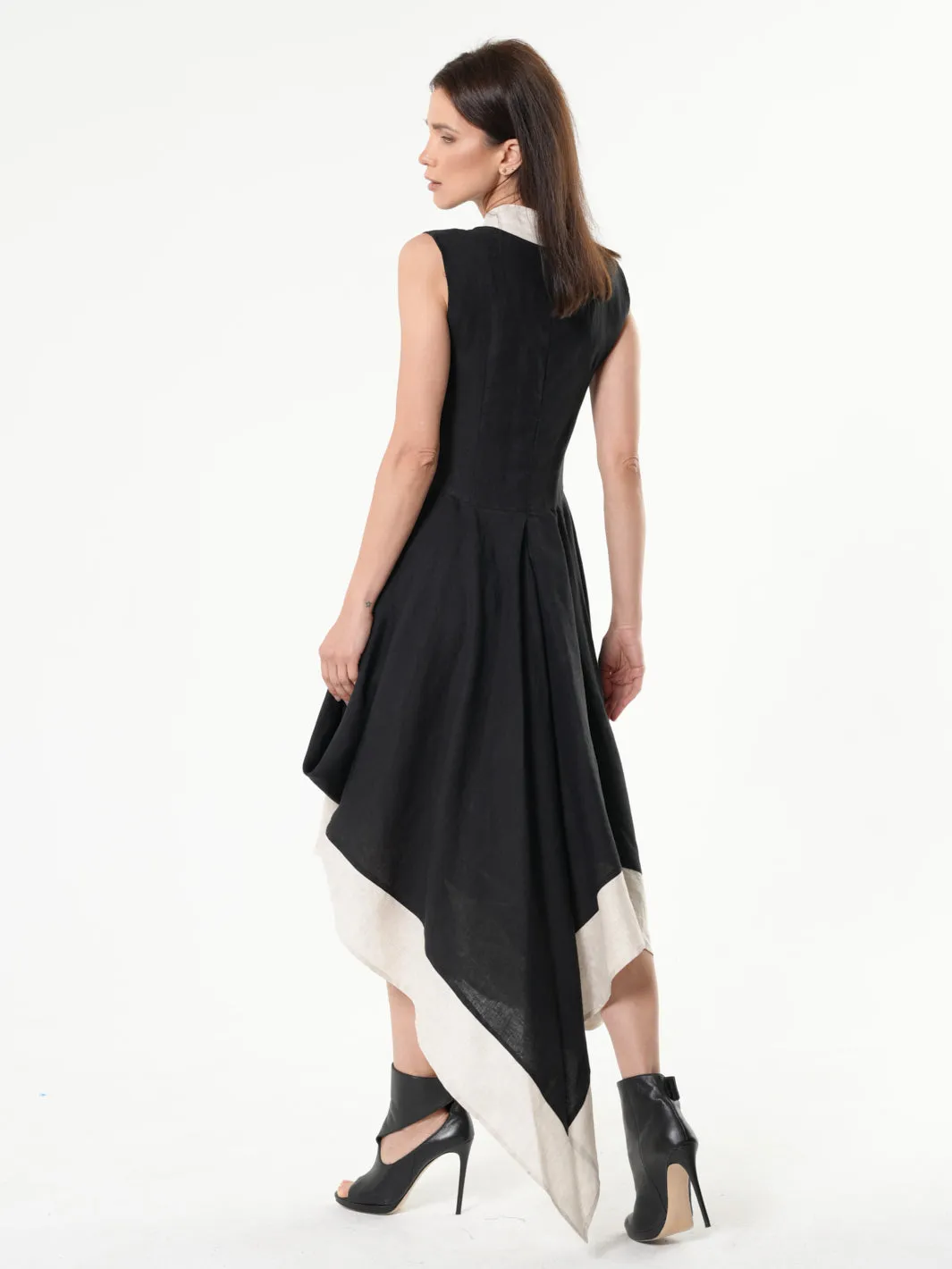 Long Linen Dress In Black and Beige