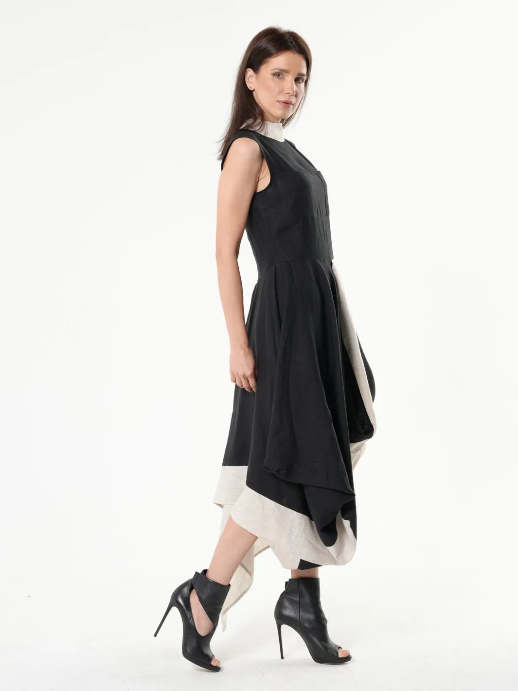 Long Linen Dress In Black and Beige