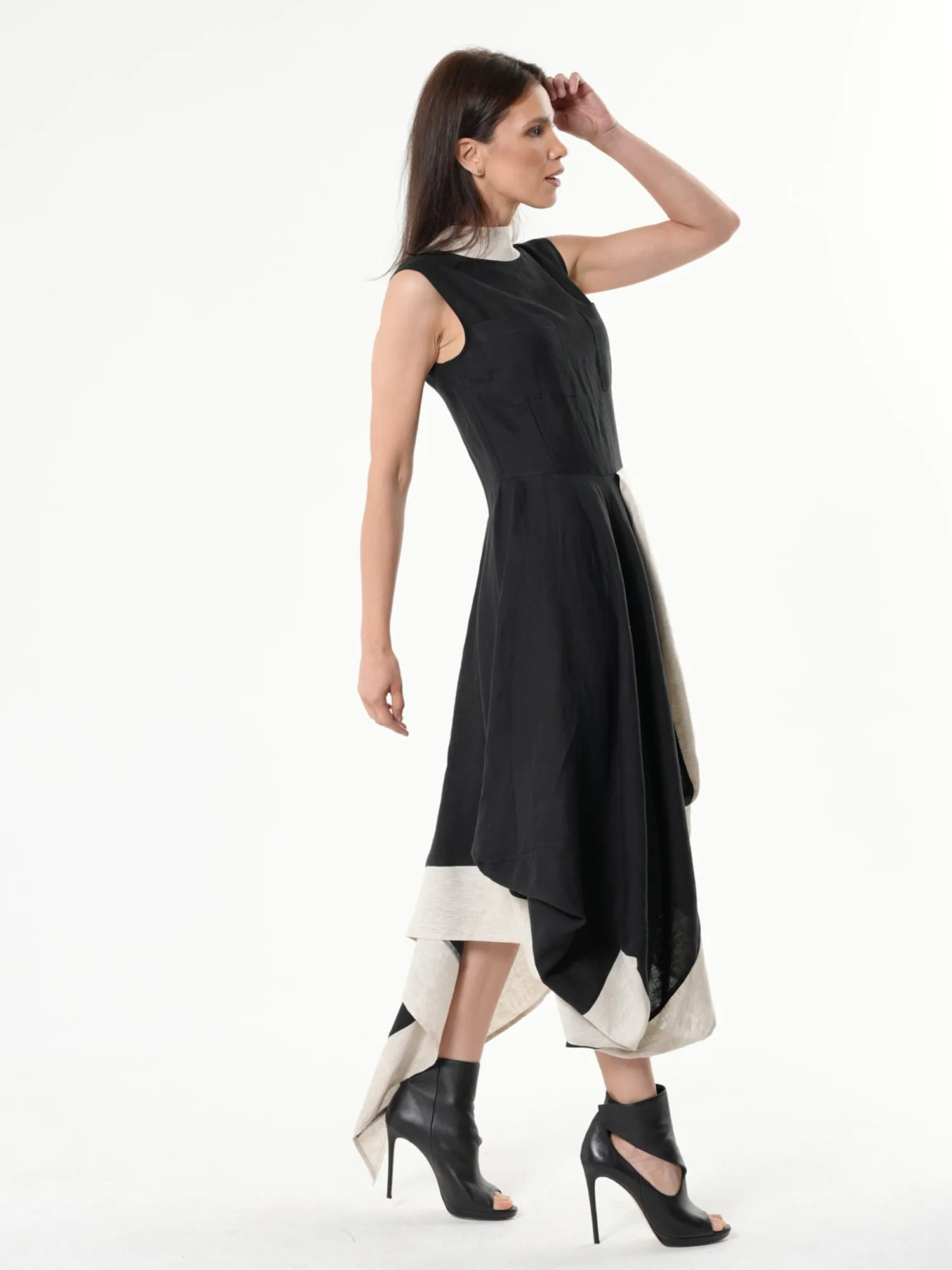 Long Linen Dress In Black and Beige