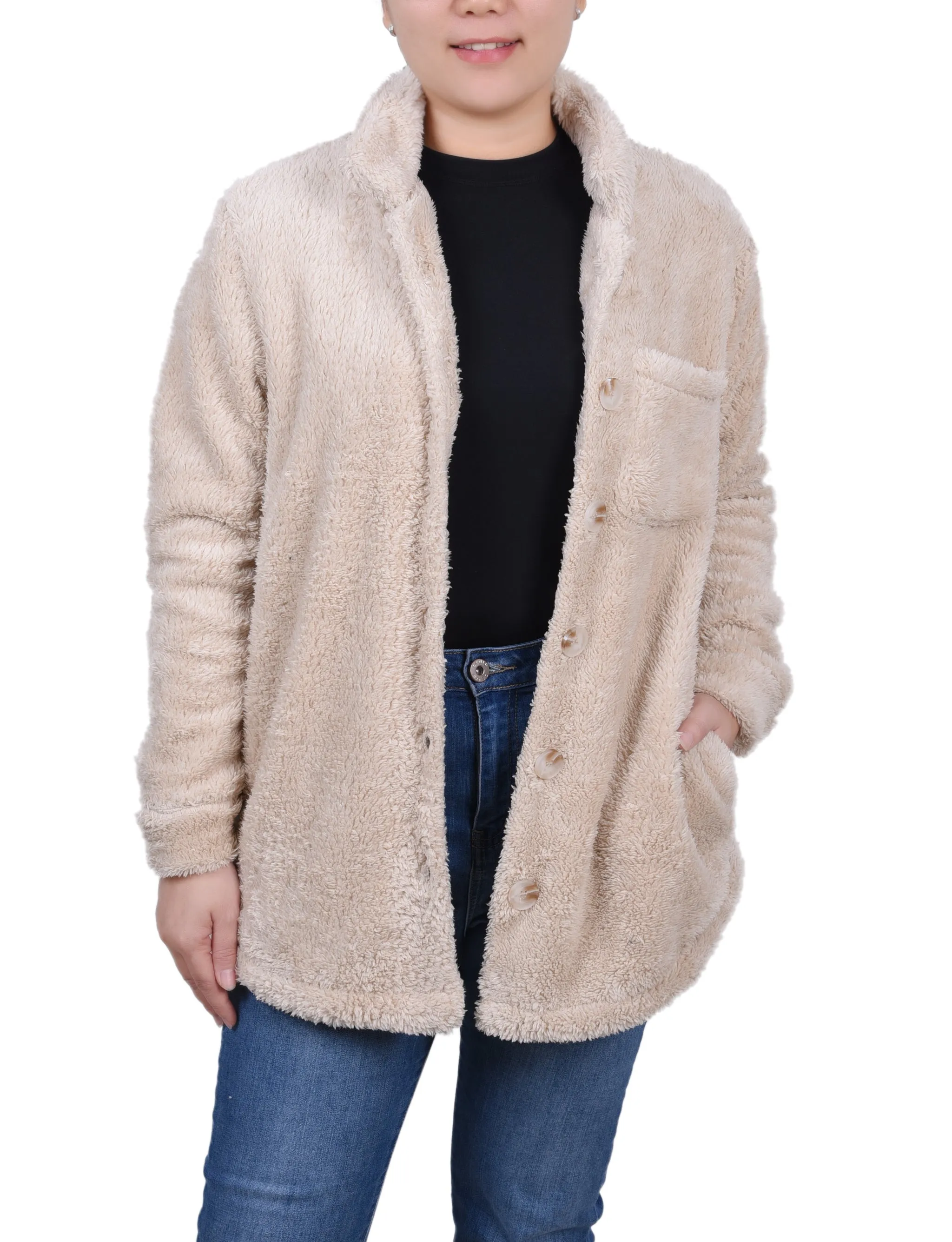 Long Sleeve Button Front Sherpa Jacket