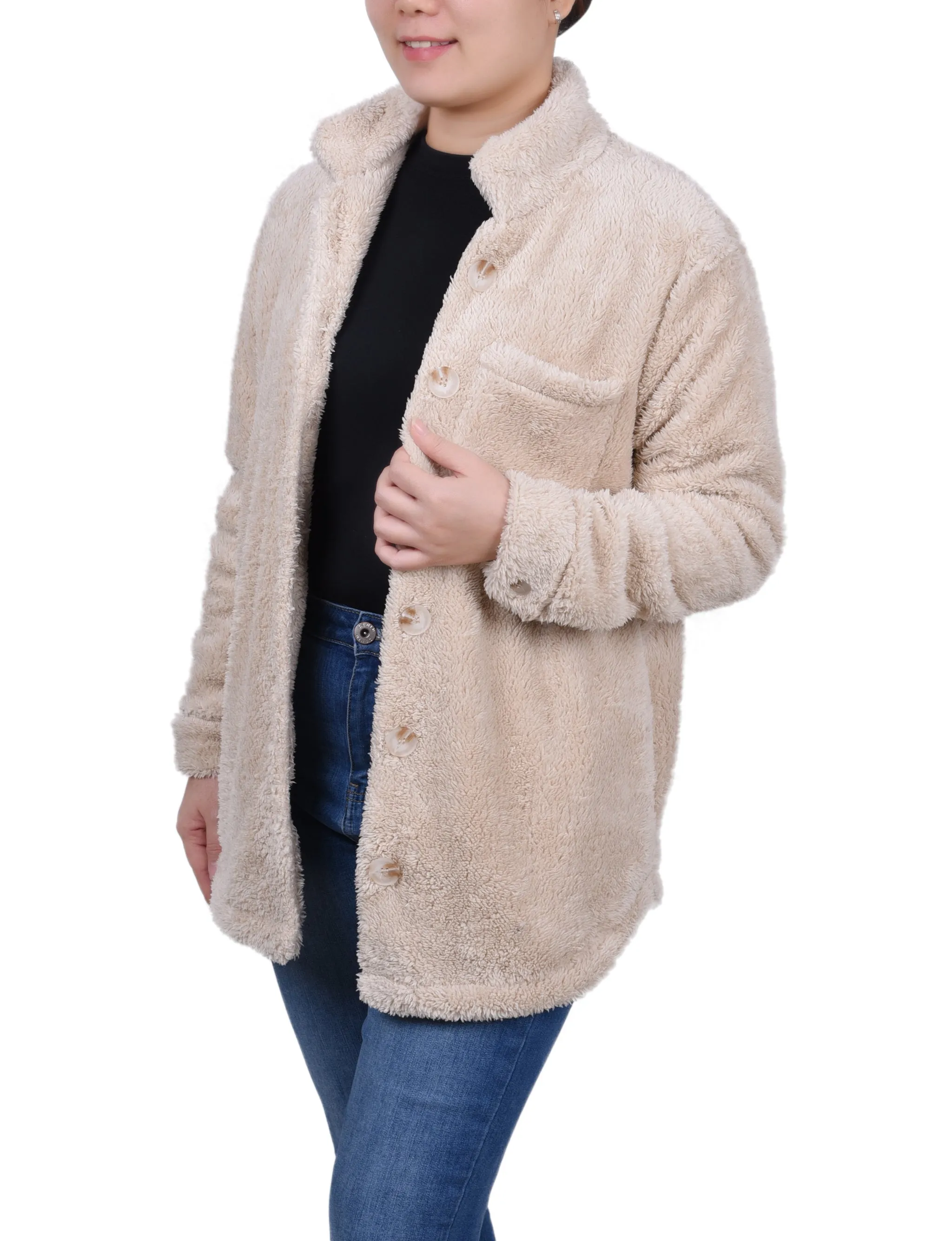 Long Sleeve Button Front Sherpa Jacket