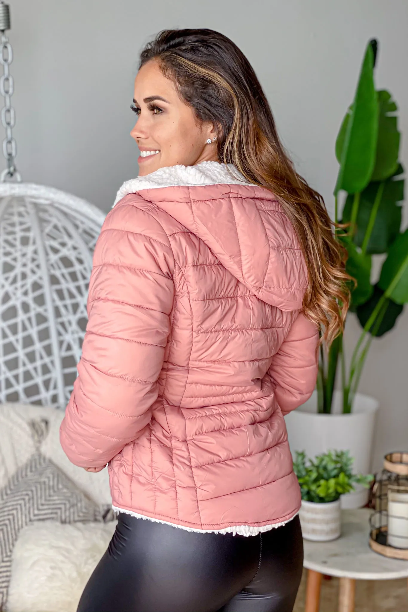 Mauve and Faux Sherpa Reversible Puffer Jacket