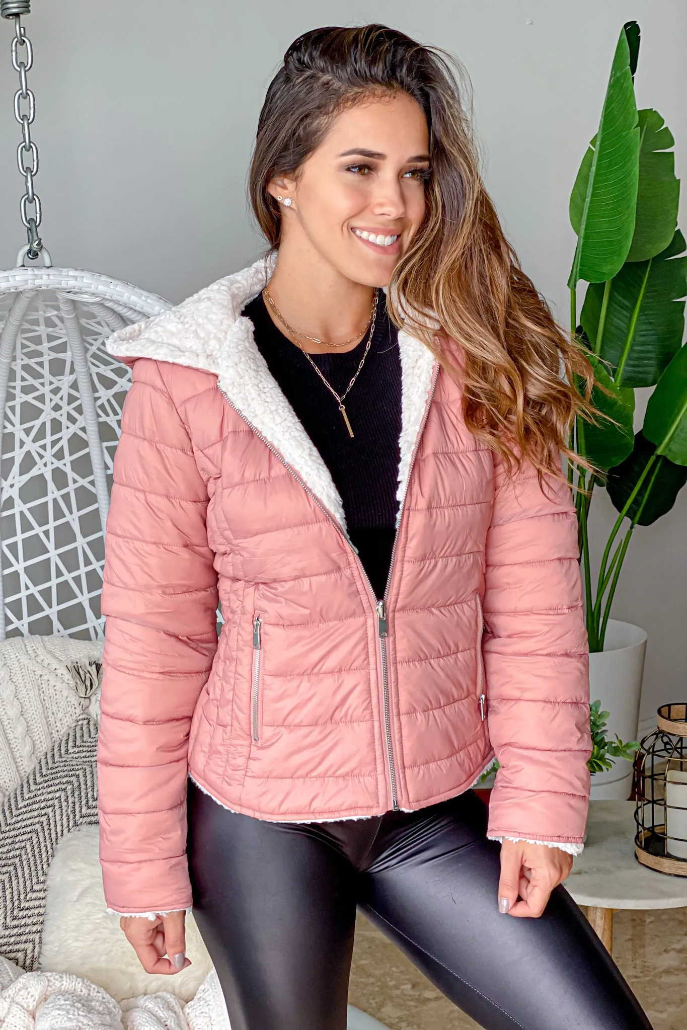 Mauve and Faux Sherpa Reversible Puffer Jacket