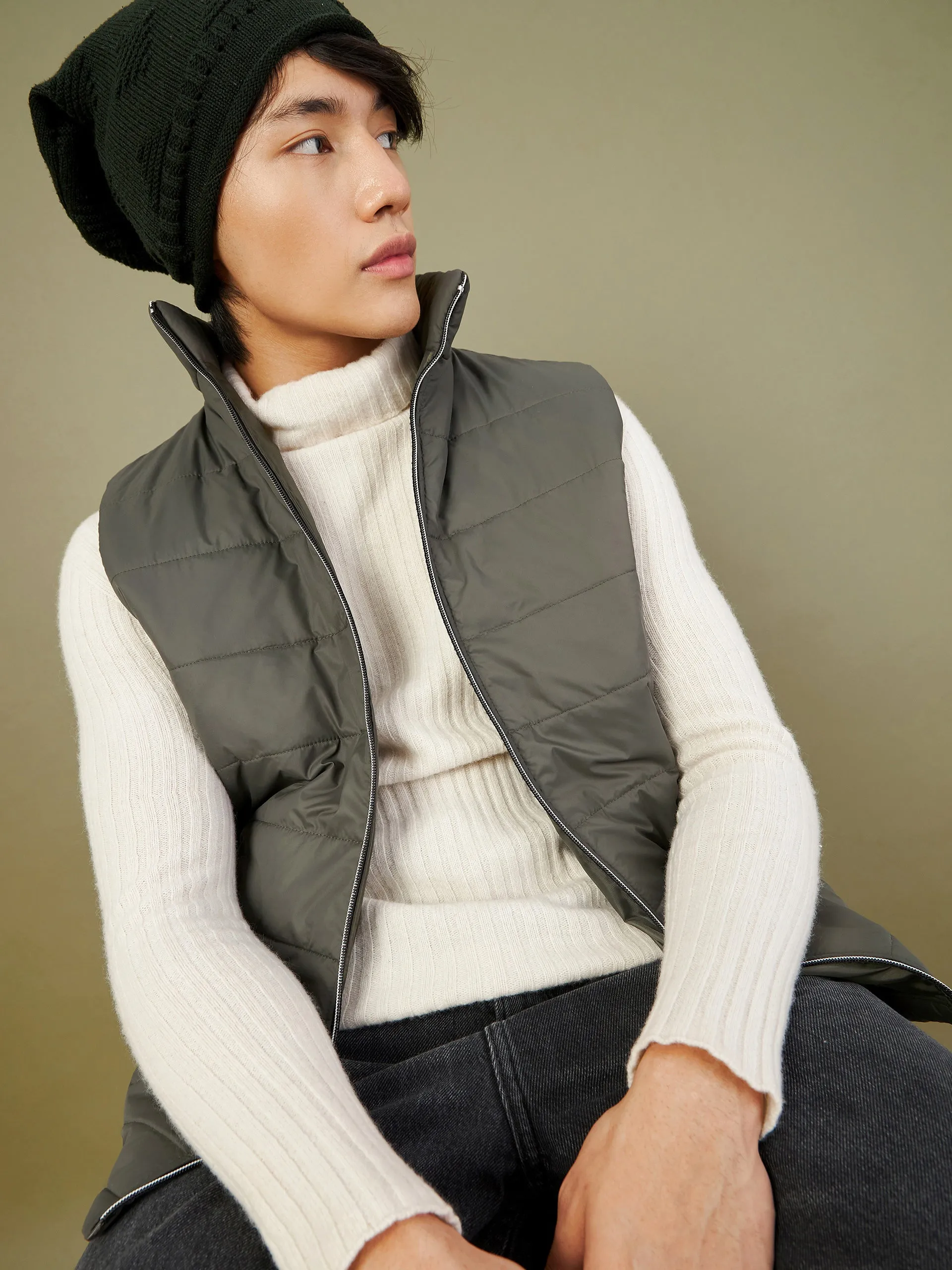 Men's Olive Sleeveless Quilted Puffer Jacket - LYUSH-MASCLN