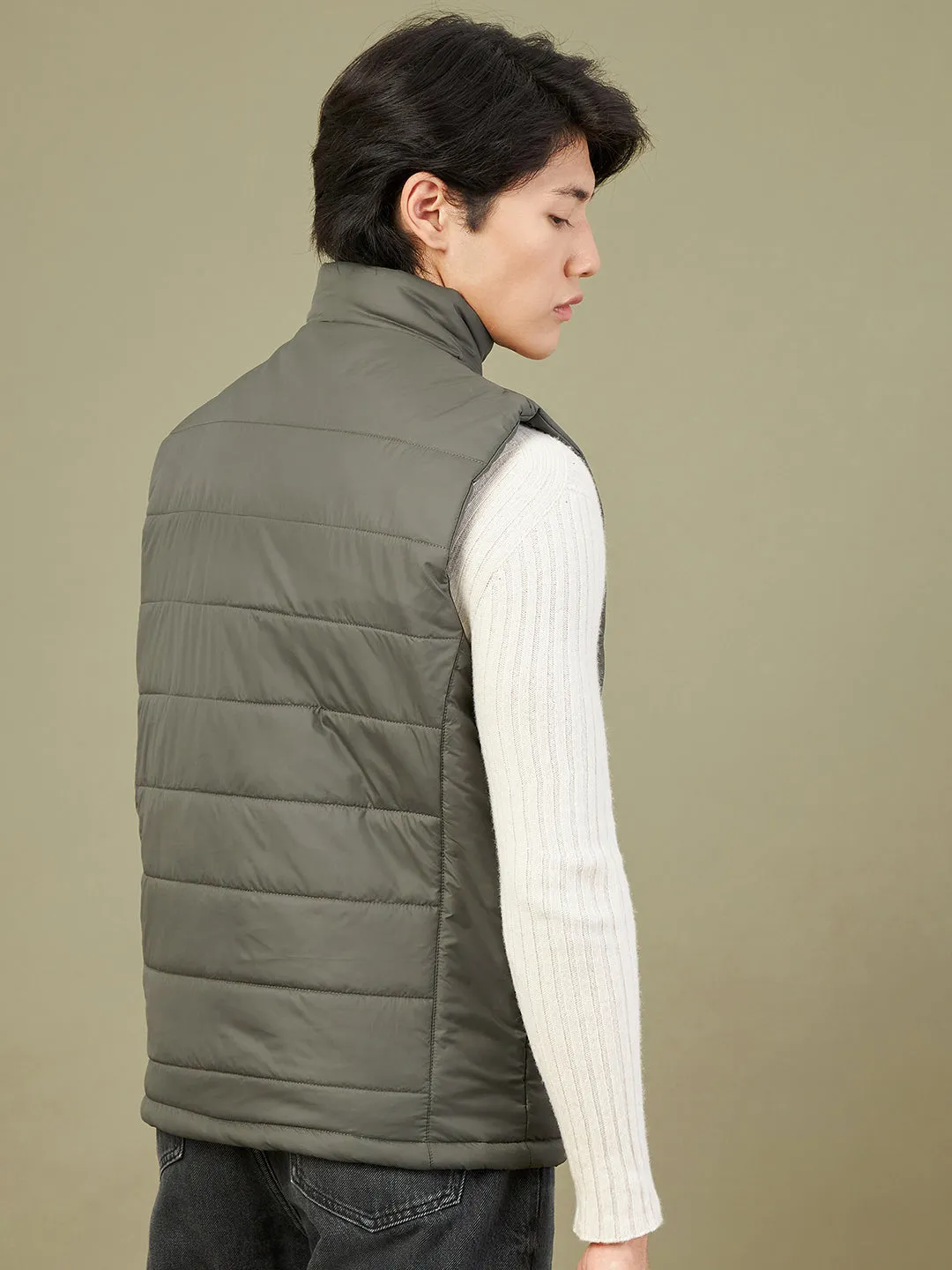 Men's Olive Sleeveless Quilted Puffer Jacket - LYUSH-MASCLN